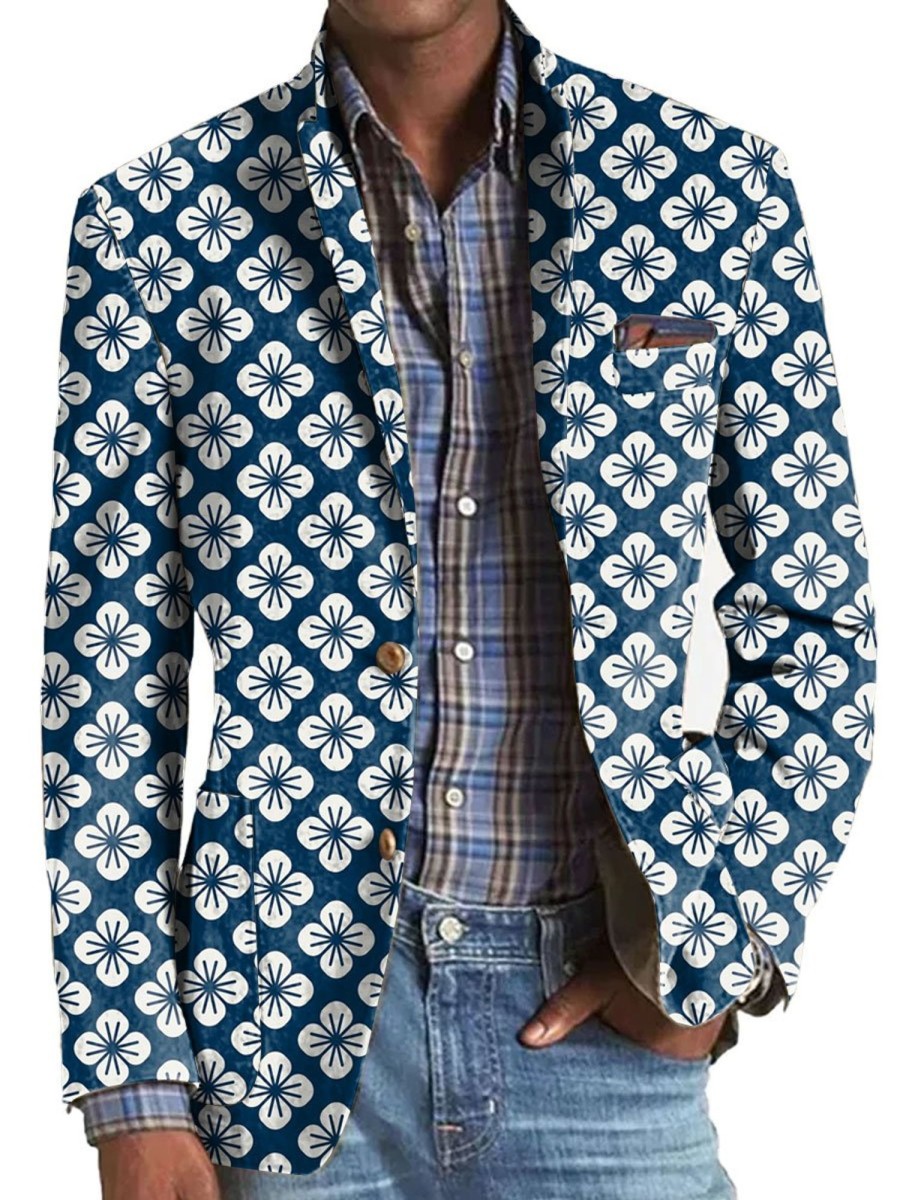 Men BXL Print Jacket | Men'S Floral Print Pocket Casual Blazer Blue