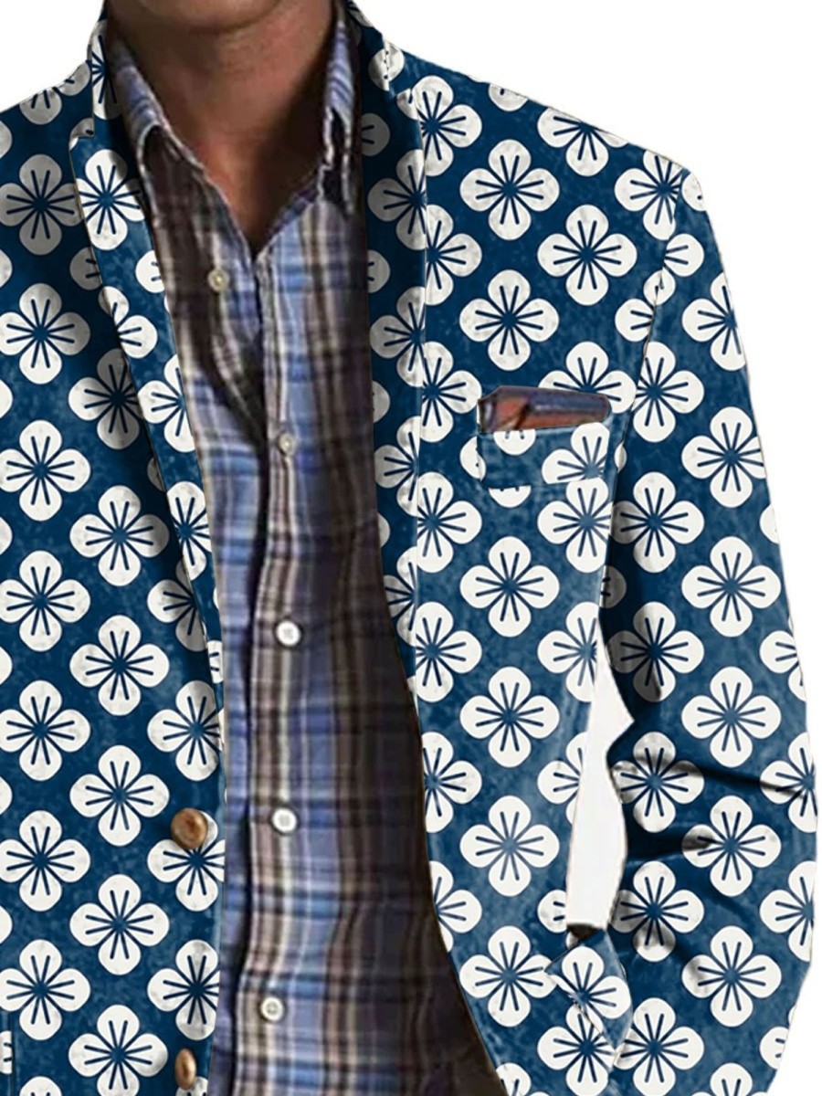 Men BXL Print Jacket | Men'S Floral Print Pocket Casual Blazer Blue