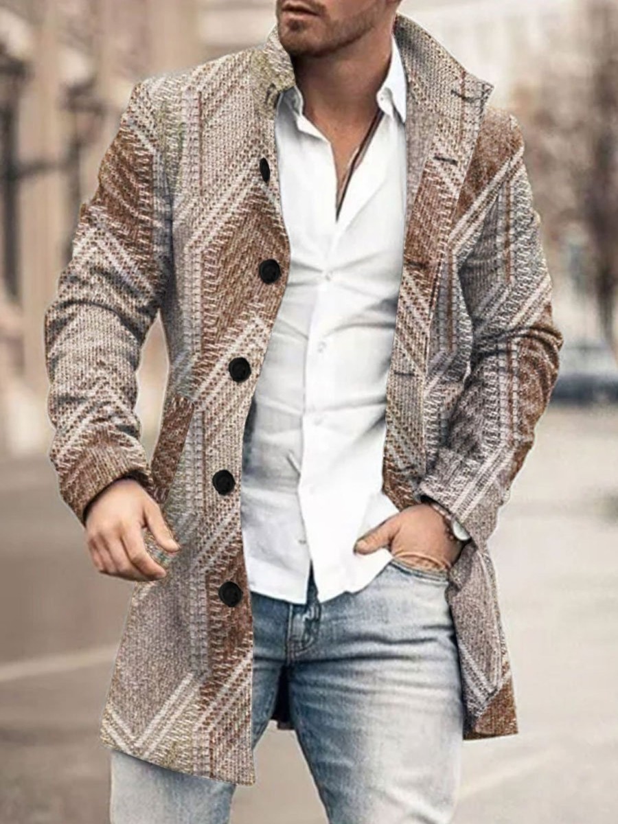 Men BXL Print Jacket | Men'S Casual Button Pocket Wool Geometric Print Stand Collar Coat