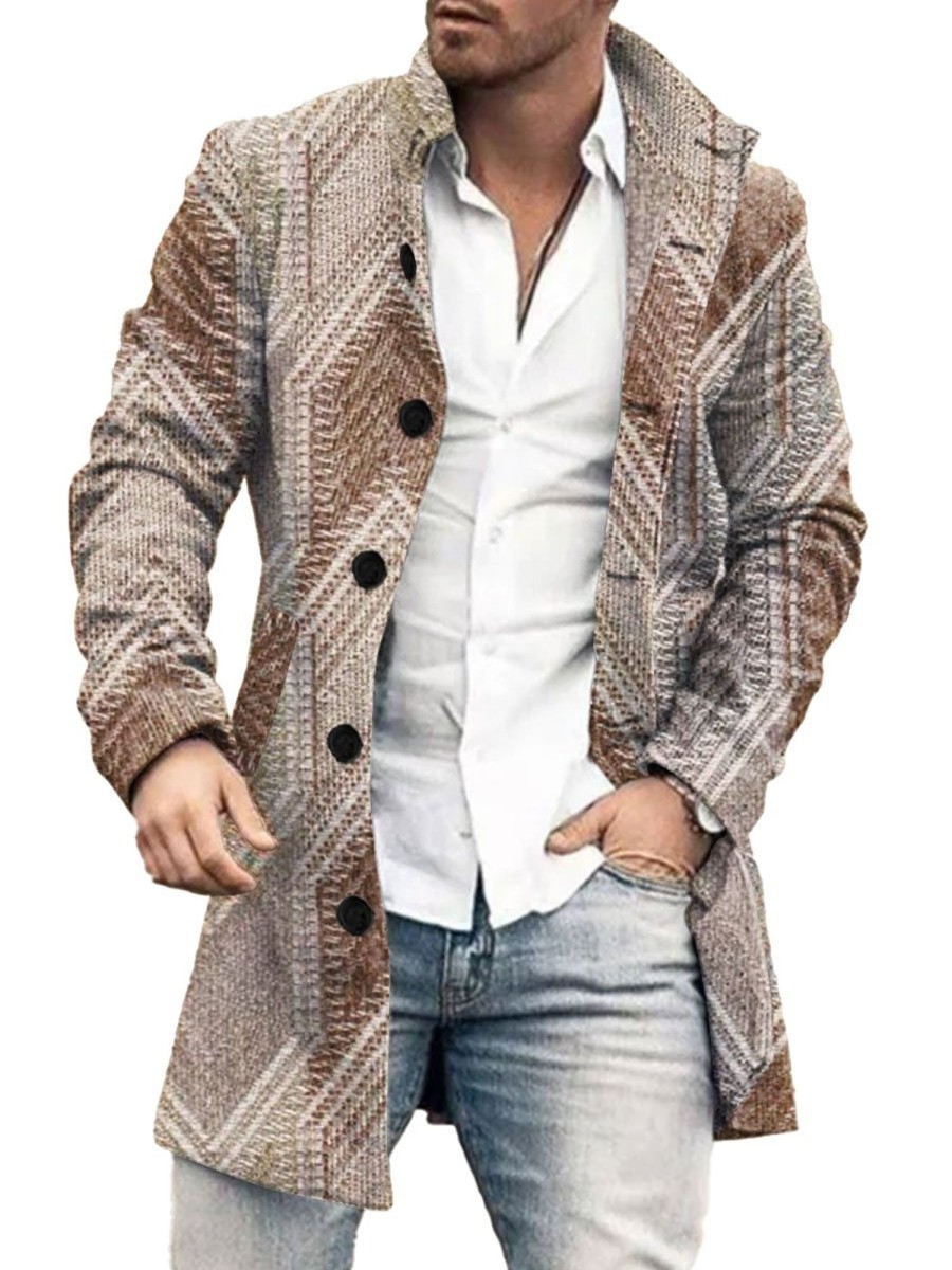 Men BXL Print Jacket | Men'S Casual Button Pocket Wool Geometric Print Stand Collar Coat