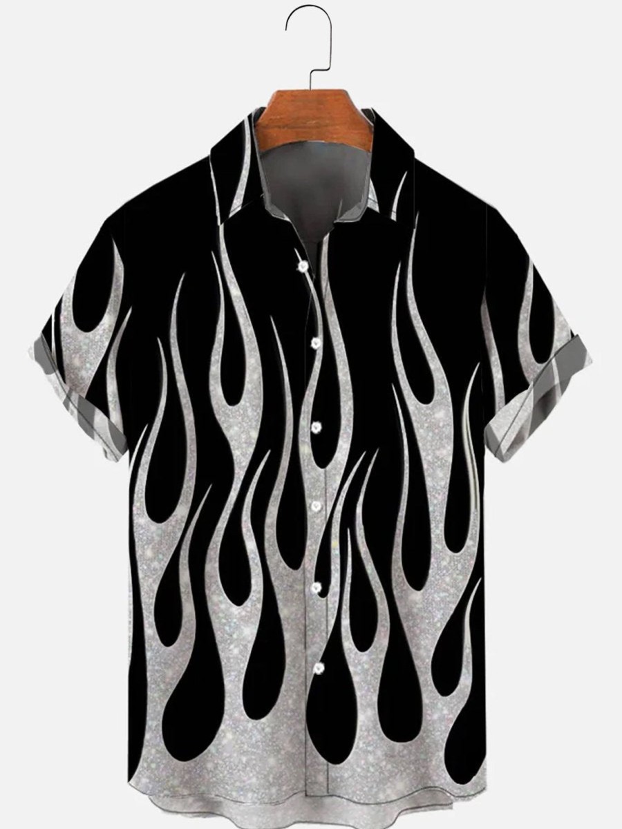 Men HLJ Shirts | Silver Burning Flame Print Short Sleeve Shirt Black