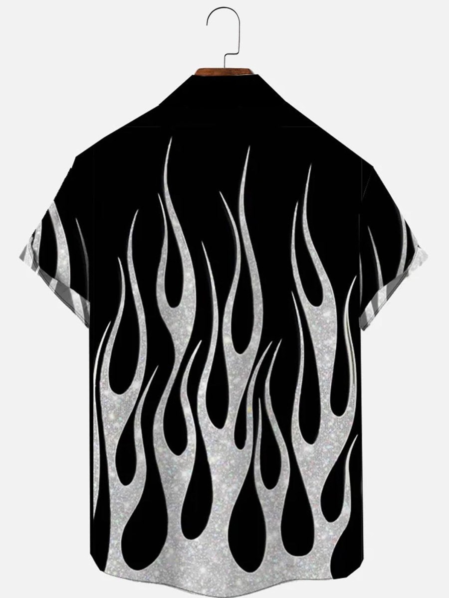 Men HLJ Shirts | Silver Burning Flame Print Short Sleeve Shirt Black