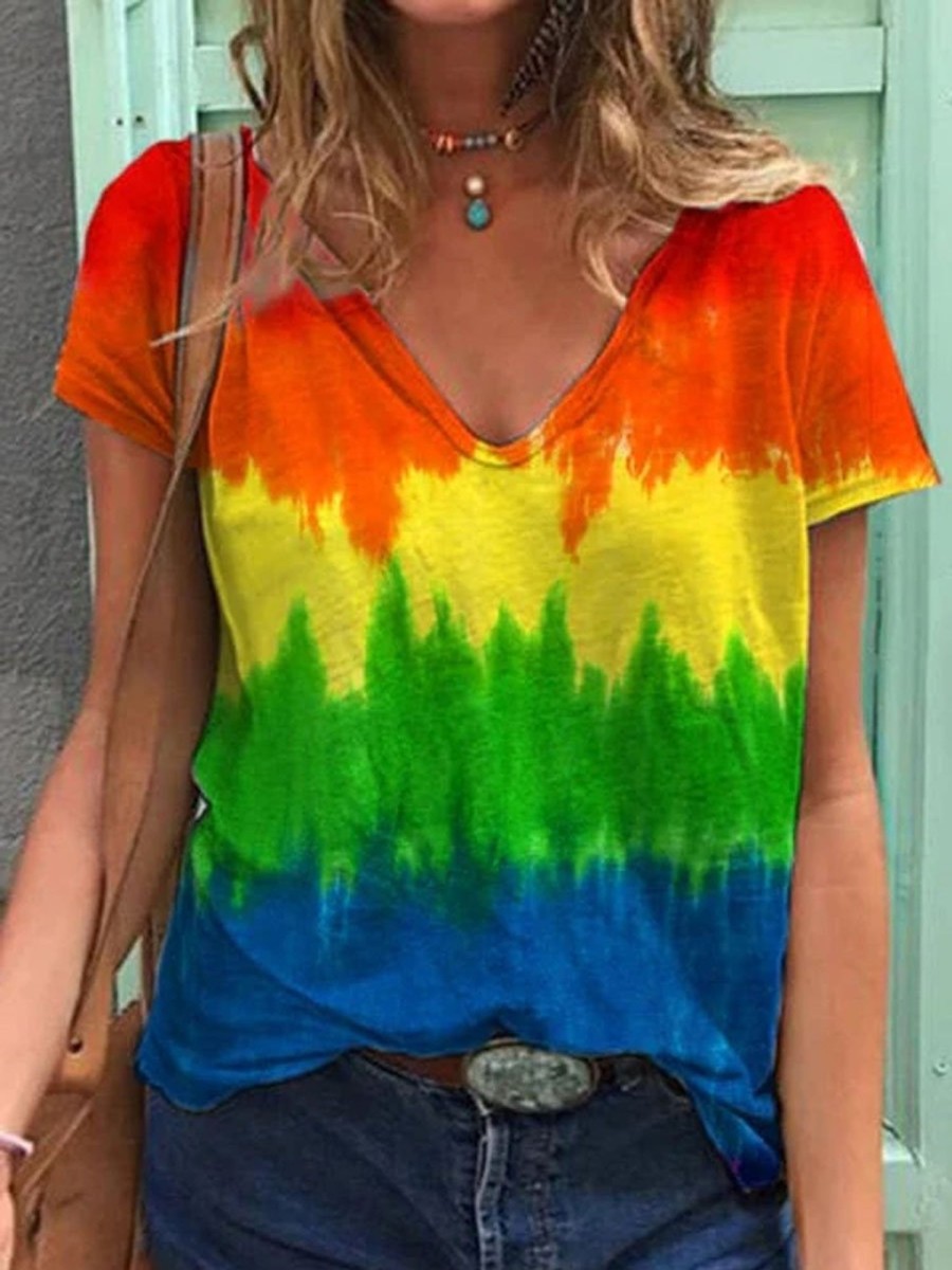 Women DJ | Lgbt Rainbow Print Crew Neck T-Shirt Photo Color