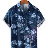 Men HLJ Shirts | Hand Drawn Blue Flower Print Hawaiian Vacation Casual Short Sleeve Shirt Dark Blue