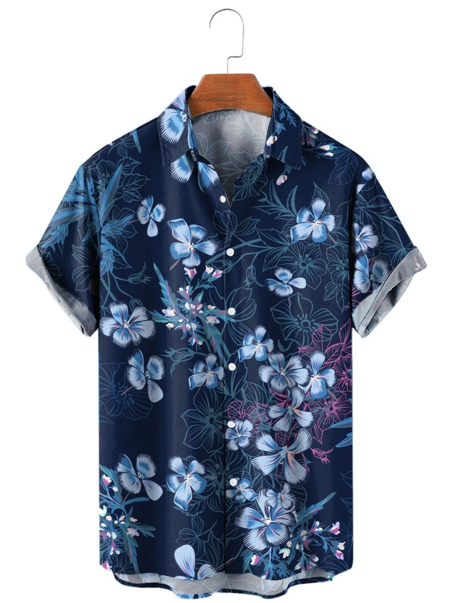 Men HLJ Shirts | Hand Drawn Blue Flower Print Hawaiian Vacation Casual Short Sleeve Shirt Dark Blue