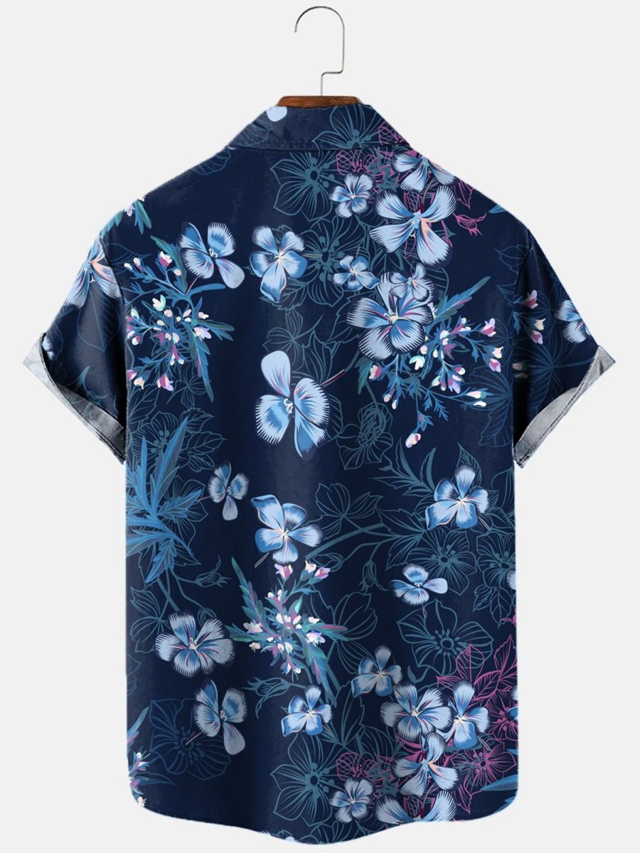 Men HLJ Shirts | Hand Drawn Blue Flower Print Hawaiian Vacation Casual Short Sleeve Shirt Dark Blue