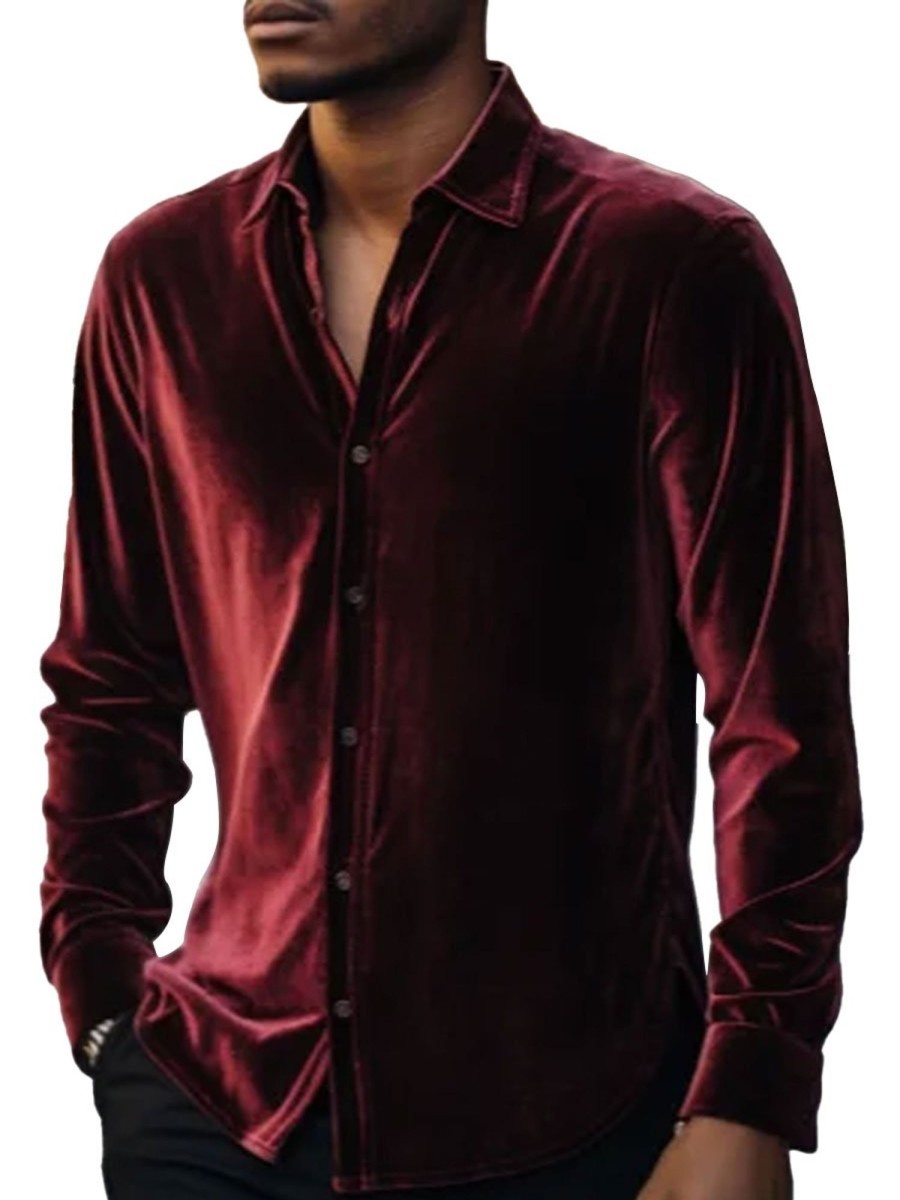 Men BXL Casual Long Sleeve Shirts | Men'S Solid Color Velvet Casual Long Sleeve Shirt Wine Red