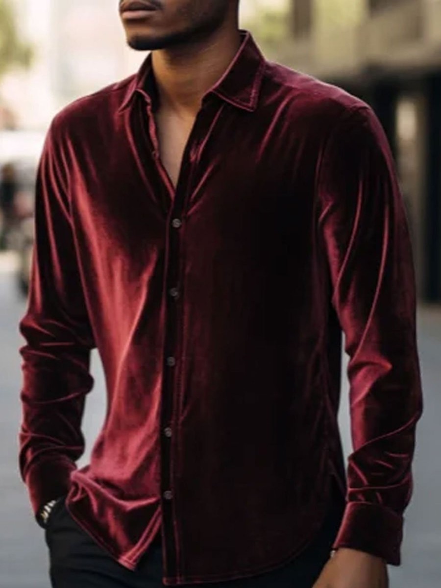 Men BXL Casual Long Sleeve Shirts | Men'S Solid Color Velvet Casual Long Sleeve Shirt Wine Red