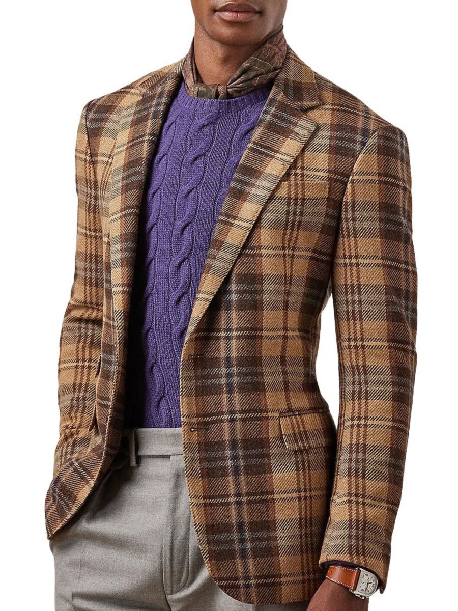 Men BXL Jacket | Men'S Retro Wool Plaid Multi-Pocket Casual Blazer Brown