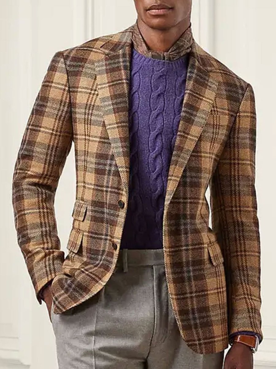 Men BXL Jacket | Men'S Retro Wool Plaid Multi-Pocket Casual Blazer Brown