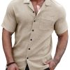 Men DJ Casual Shirts | Solid Color Lapel Single Pocket Short Sleeve Shirt Khaki