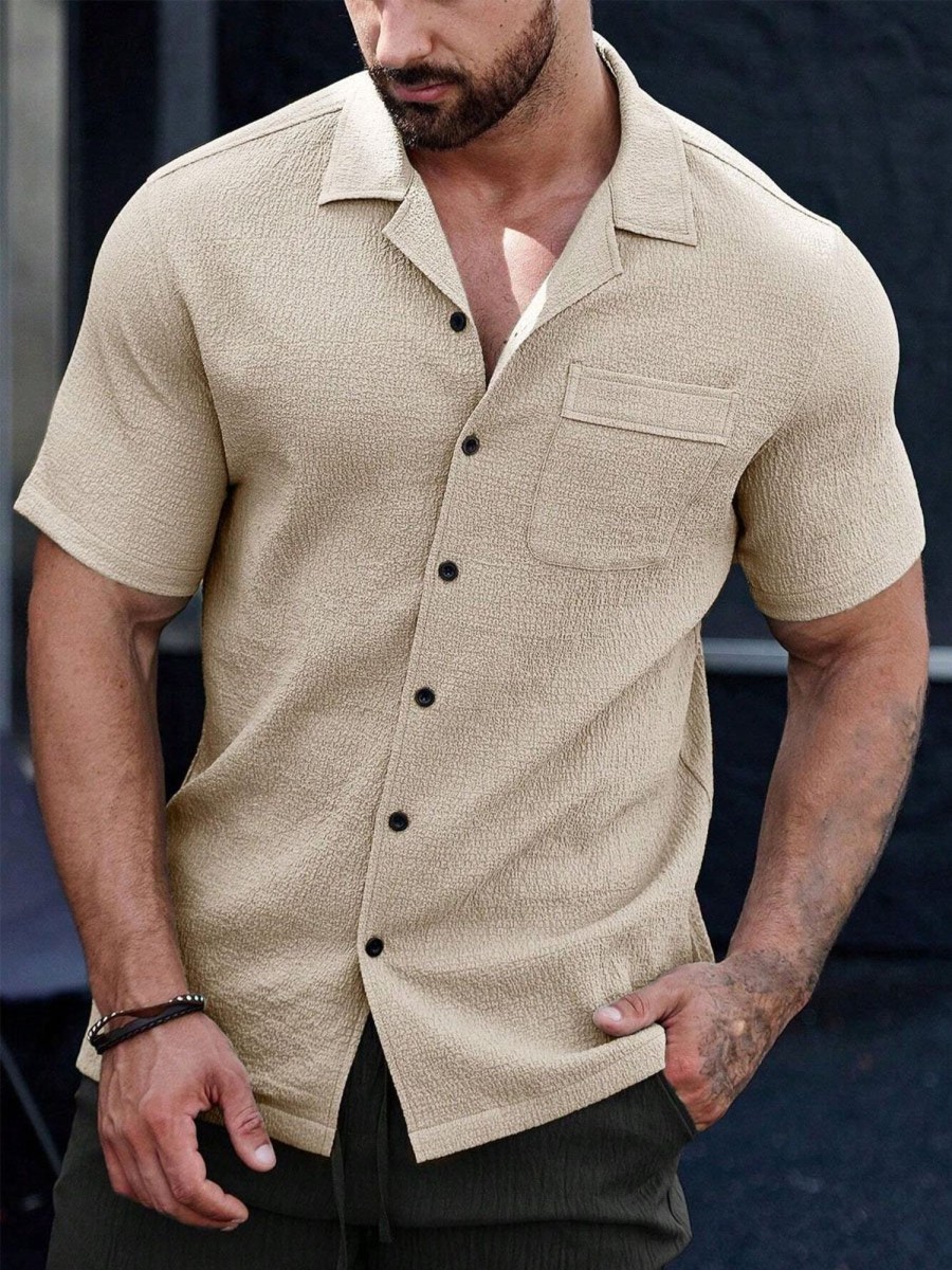 Men DJ Casual Shirts | Solid Color Lapel Single Pocket Short Sleeve Shirt Khaki