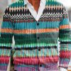 Men DJ Print Cardigan | Colorful Watercolor Line Printed V-Neck Knitted Cardigan Photo Color