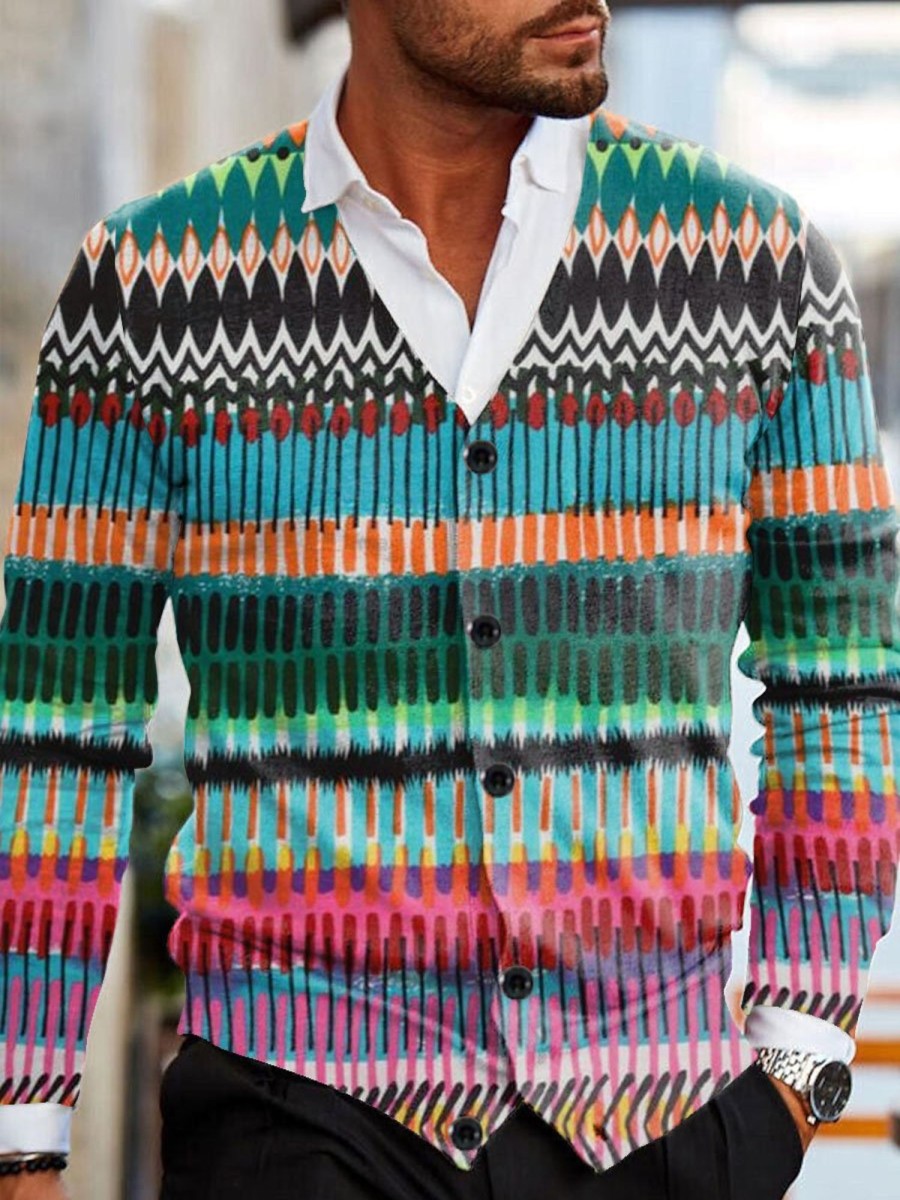 Men DJ Print Cardigan | Colorful Watercolor Line Printed V-Neck Knitted Cardigan Photo Color