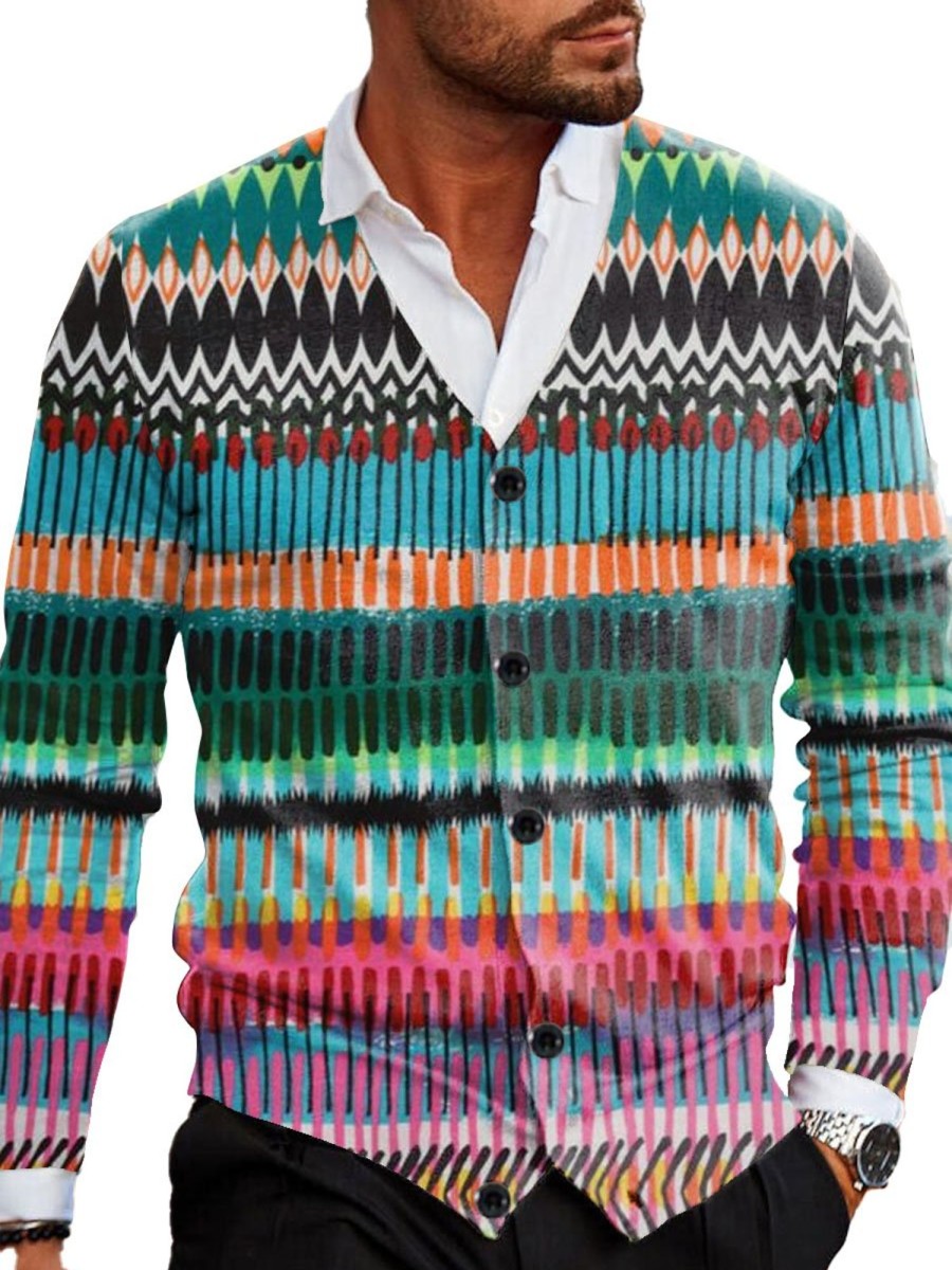 Men DJ Print Cardigan | Colorful Watercolor Line Printed V-Neck Knitted Cardigan Photo Color