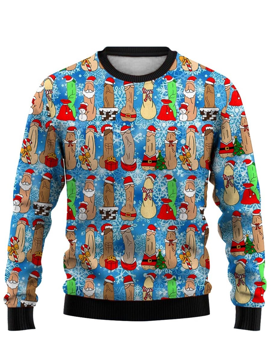 Men DJ Ugly Sweater | Fun Christmas Snowflake Cocks Print Crewneck Sweatshirt Blue