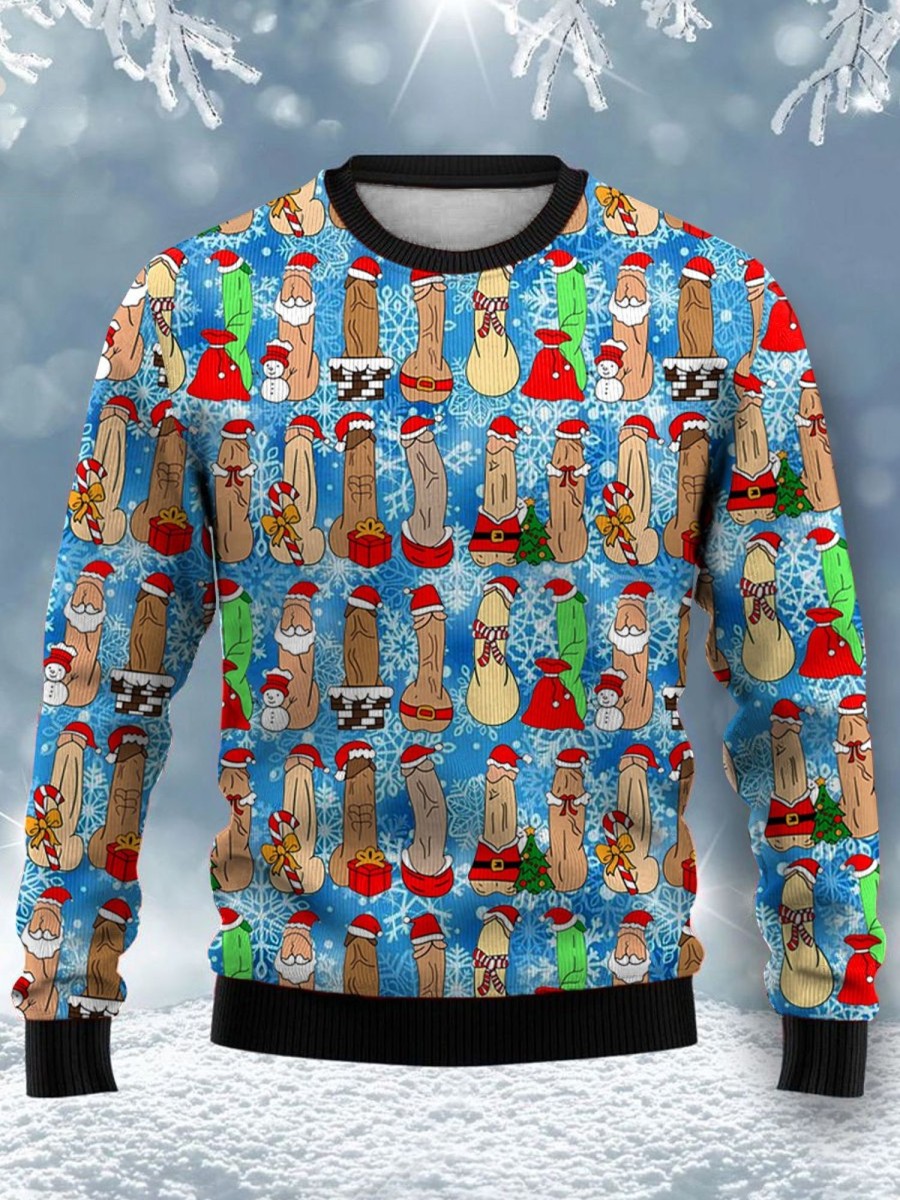 Men DJ Ugly Sweater | Fun Christmas Snowflake Cocks Print Crewneck Sweatshirt Blue