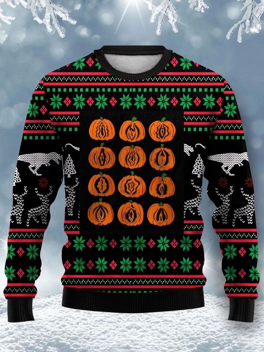 Men DJ Ugly Sweater | Fun And Creative Halloween Pumpkin Printed Crew Neck Sweatshirt Black