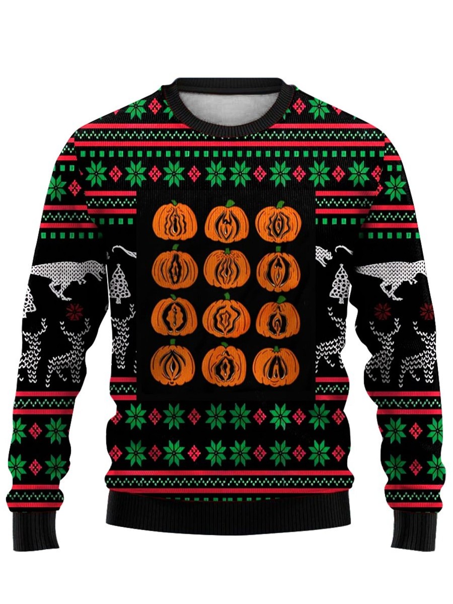 Men DJ Ugly Sweater | Fun And Creative Halloween Pumpkin Printed Crew Neck Sweatshirt Black