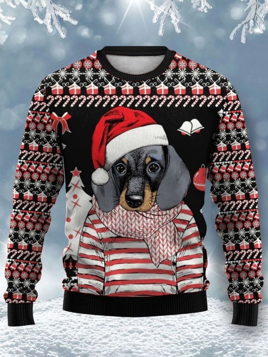 Men DJ Ugly Sweater | Dachshund Print With Santa Hat Casual Crewneck Sweatshirt Photo Color