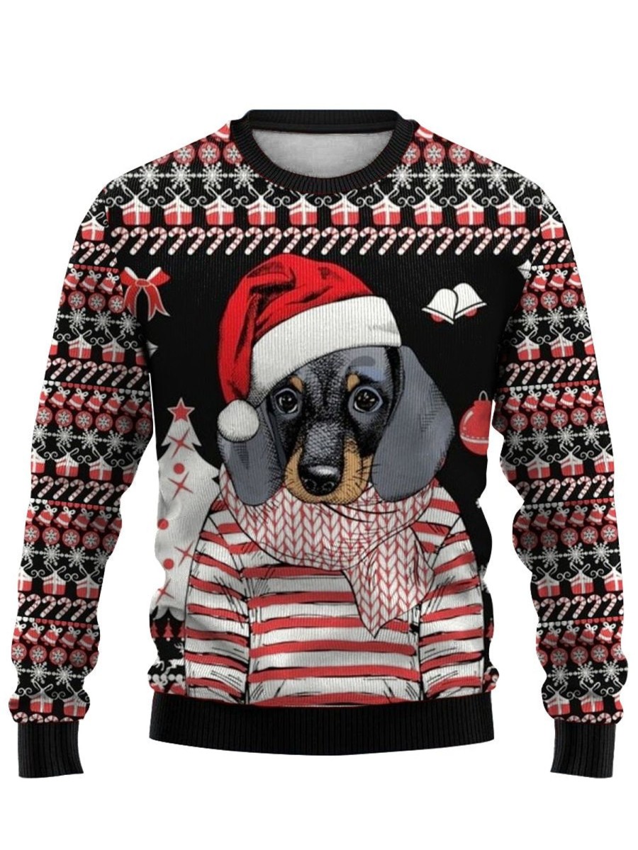 Men DJ Ugly Sweater | Dachshund Print With Santa Hat Casual Crewneck Sweatshirt Photo Color