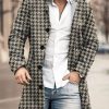 Men DJ Print Jacket | Retro Houndstooth Print Stand Collar Double Pocket Woolen Coat Black