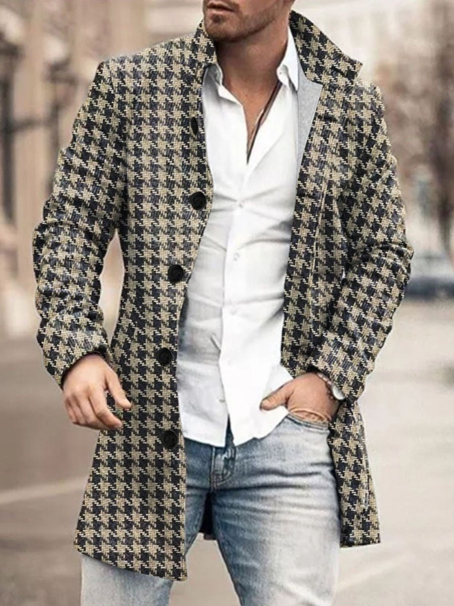 Men DJ Print Jacket | Retro Houndstooth Print Stand Collar Double Pocket Woolen Coat Black