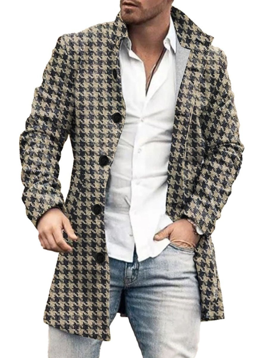 Men DJ Print Jacket | Retro Houndstooth Print Stand Collar Double Pocket Woolen Coat Black