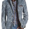 Men DJ Print Jacket | American Retro Leaf Print 3 Pocket Lapel Casual Blazer Blue