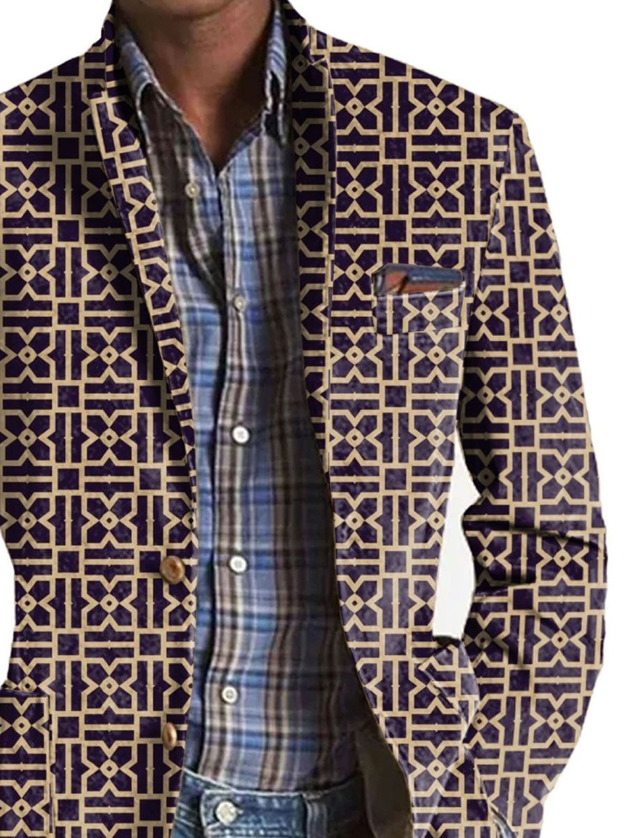 Men BXL Print Jacket | Men'S Retro Geometric Clover Print Pocket Casual Blazer Purple