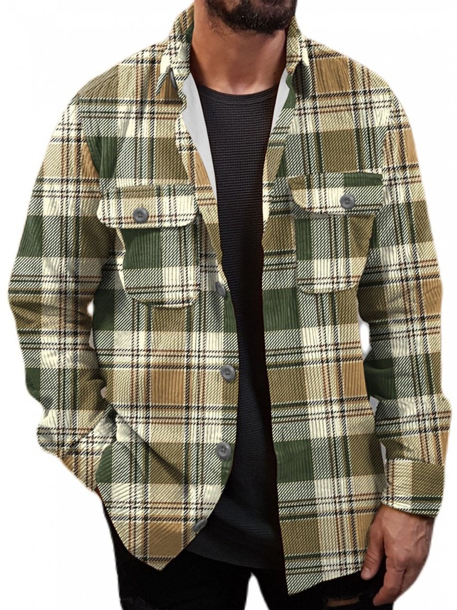 Men DJ Jacket | Vintage Classic Plaid Pocket Corduroy Jacket Khaki