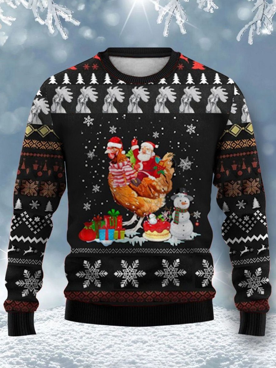 Men DJ Ugly Sweater | Santa Claus Riding A Chicken Crew Neck Sweatshirt Black