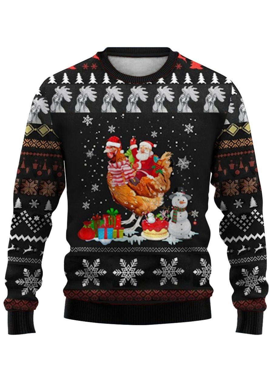 Men DJ Ugly Sweater | Santa Claus Riding A Chicken Crew Neck Sweatshirt Black