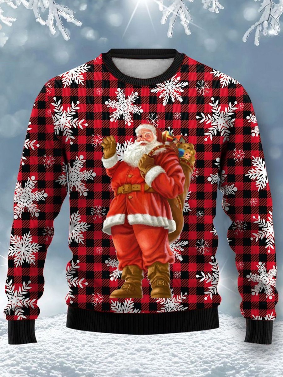 Men GYJ Ugly Sweater | Santa Snow Check Print Casual Crew Neck Sweatshirt Red