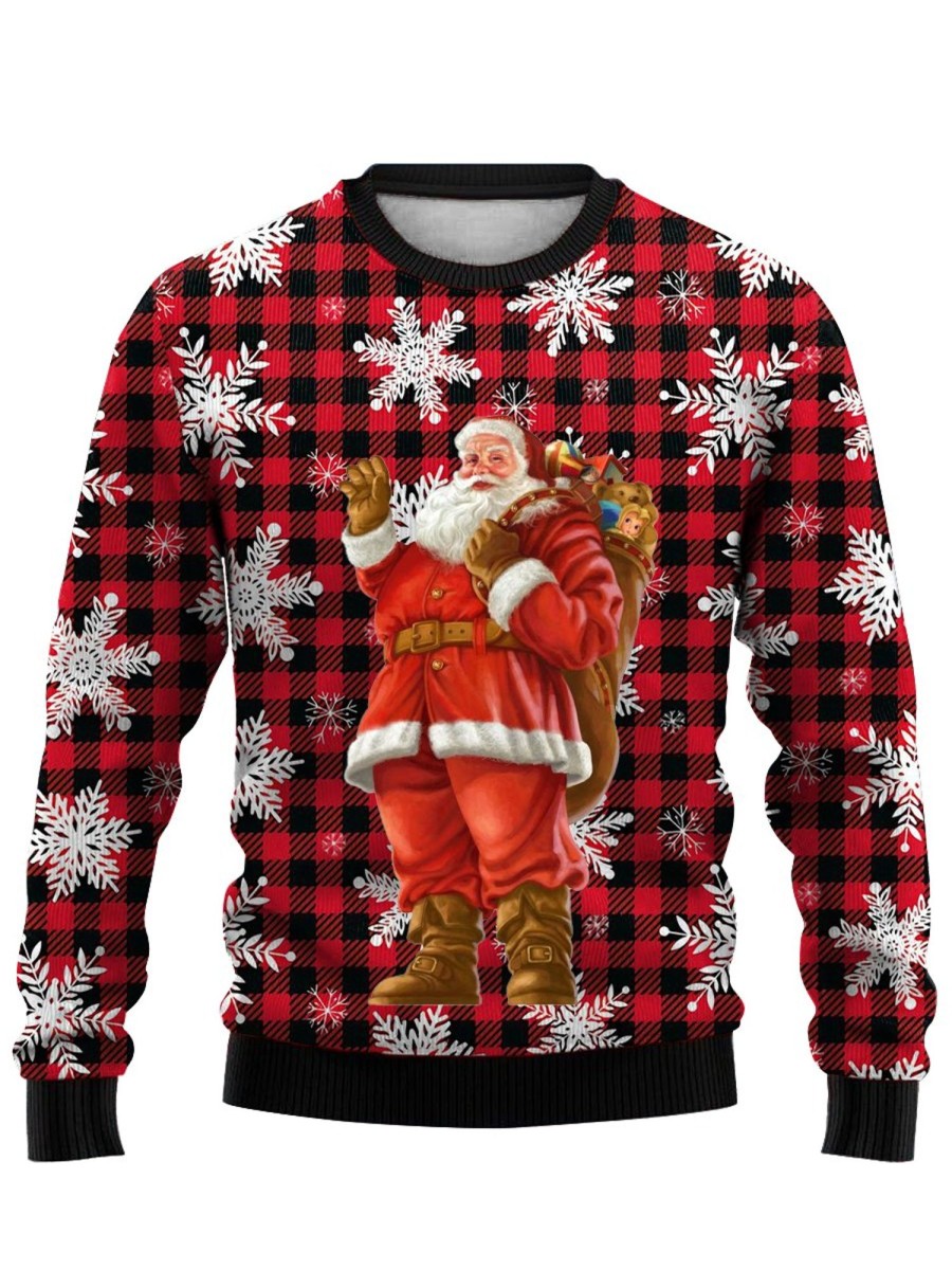 Men GYJ Ugly Sweater | Santa Snow Check Print Casual Crew Neck Sweatshirt Red