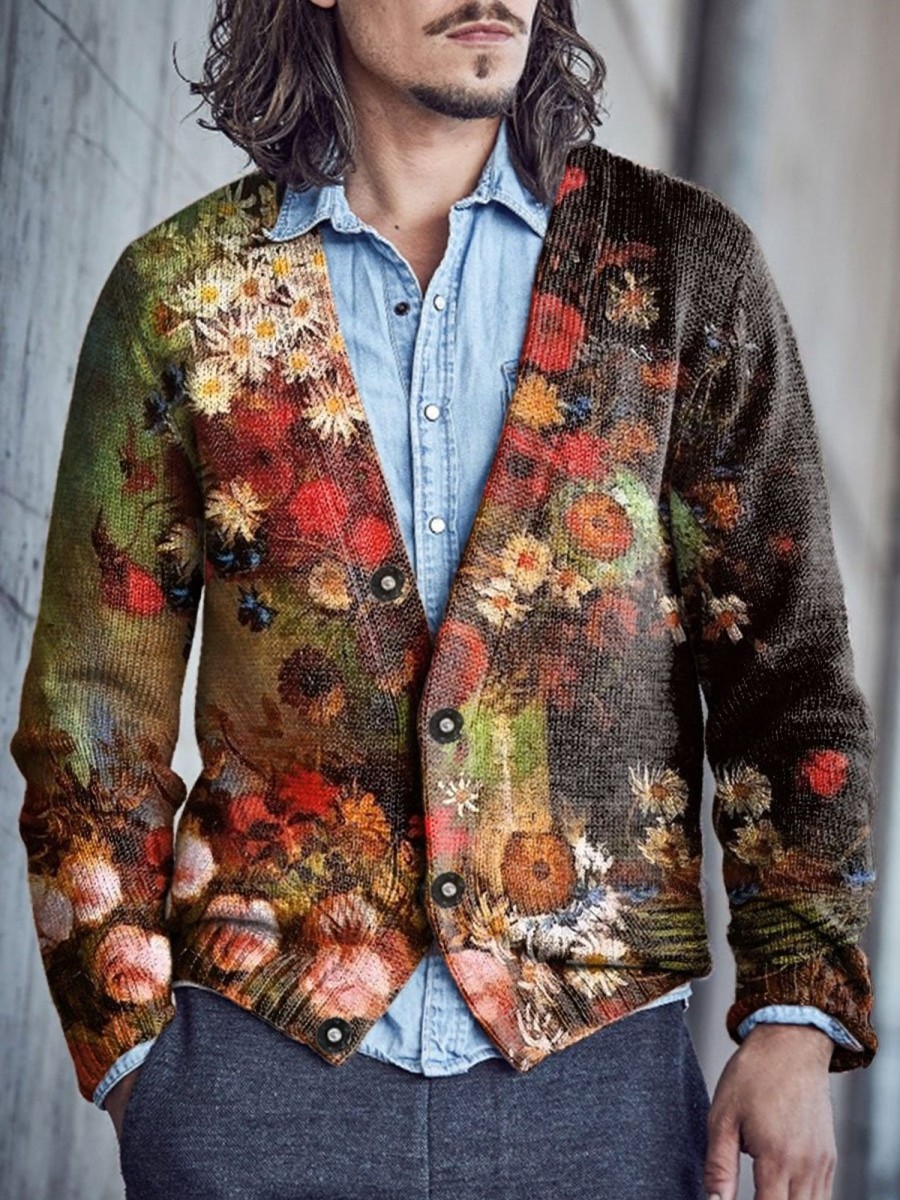 Men BXL Print Cardigan | Men'S Casual Oil Painting Floral Single-Breasted V-Neck Knitted Cardigan Photo Color