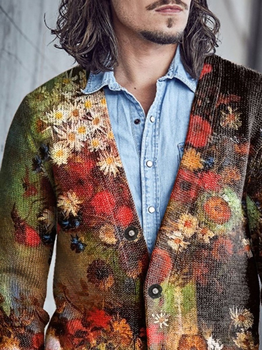 Men BXL Print Cardigan | Men'S Casual Oil Painting Floral Single-Breasted V-Neck Knitted Cardigan Photo Color