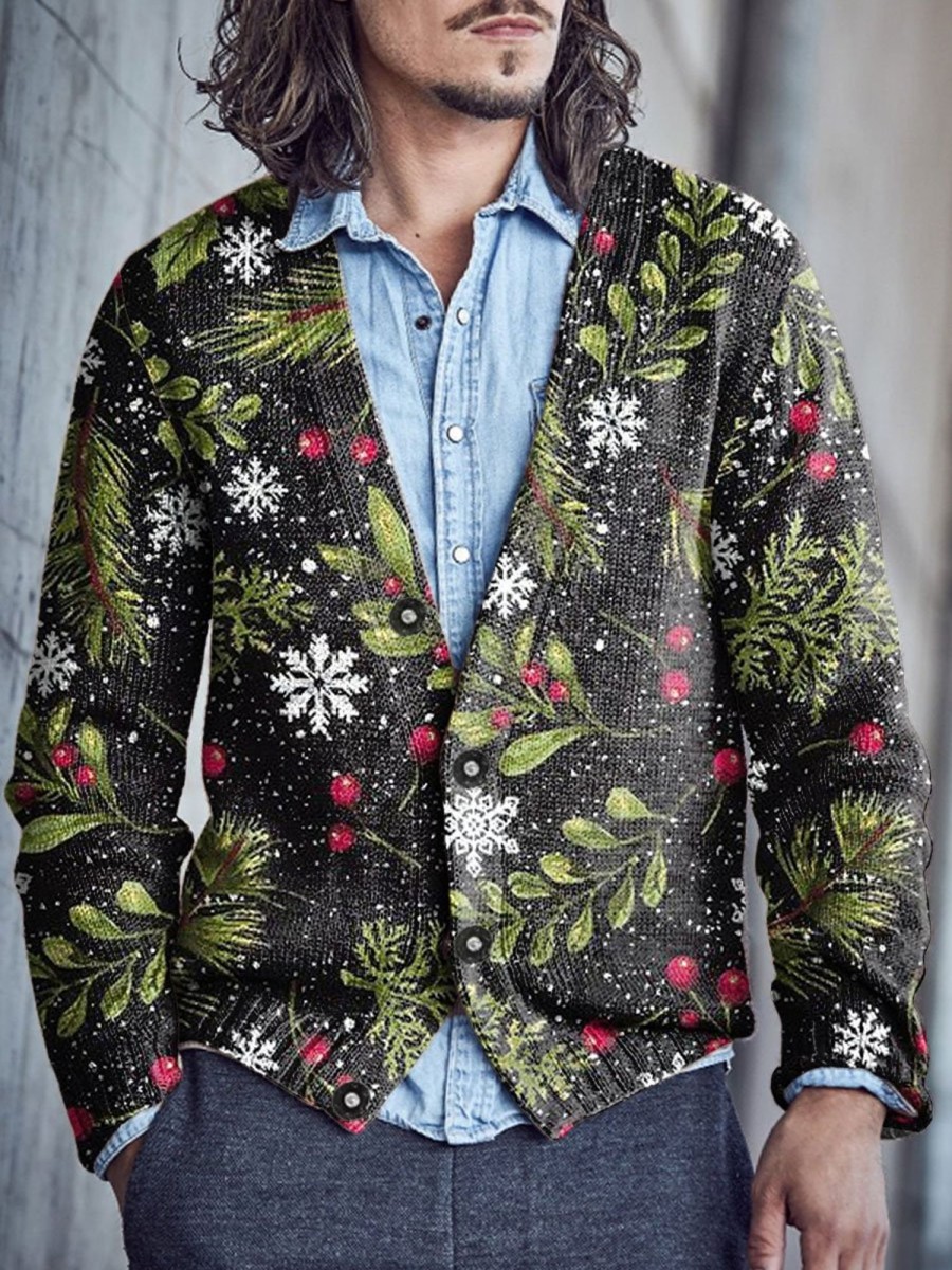 Men BXL Print Cardigan | Men'S Casual Snowflake Red Fruit Single-Breasted V-Neck Knitted Cardigan Black