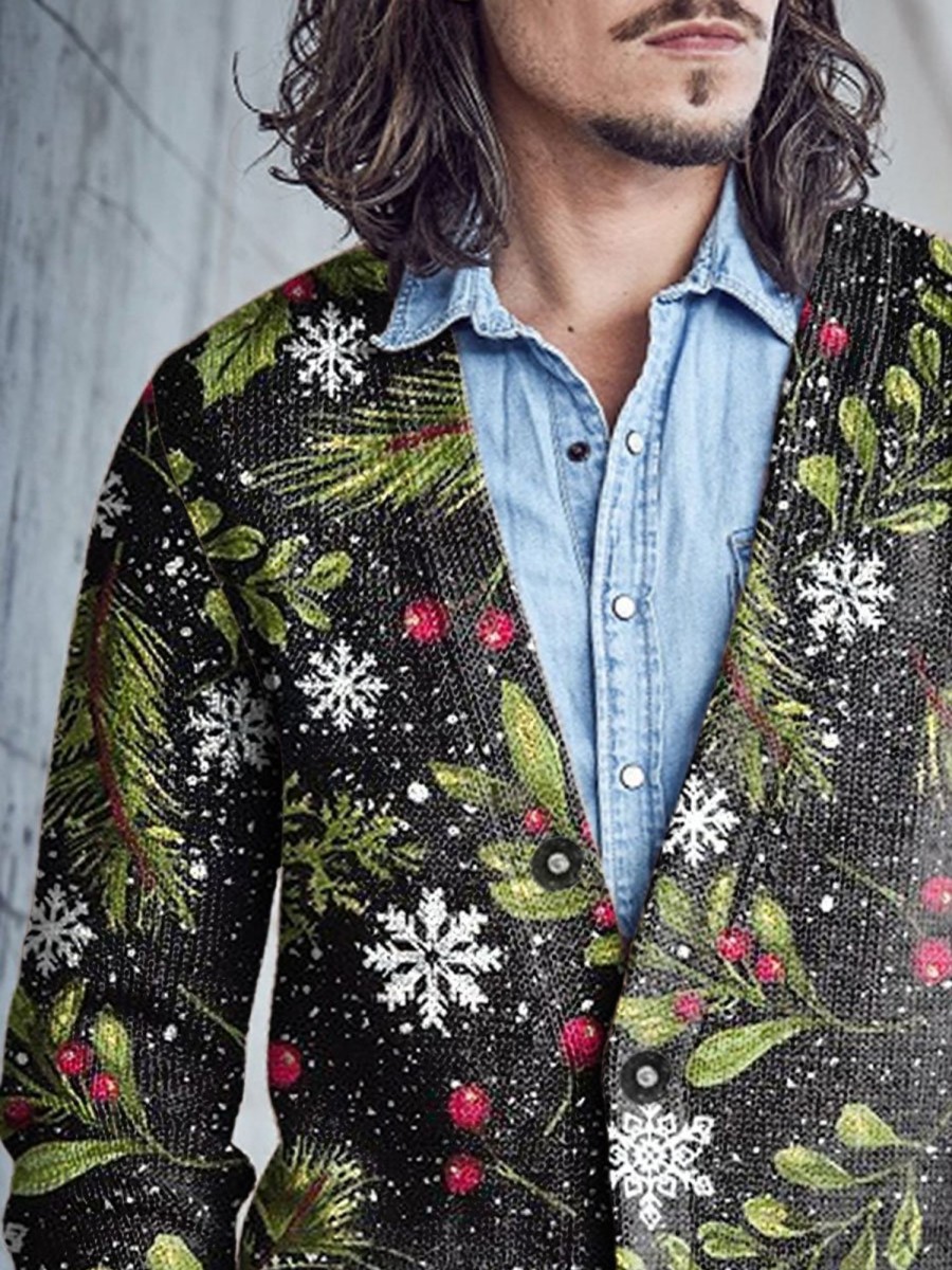 Men BXL Print Cardigan | Men'S Casual Snowflake Red Fruit Single-Breasted V-Neck Knitted Cardigan Black