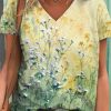 Women DJ | V-Neck Watercolor Floral Print Casual Cotton Short Sleeve T-Shirt Photo Color