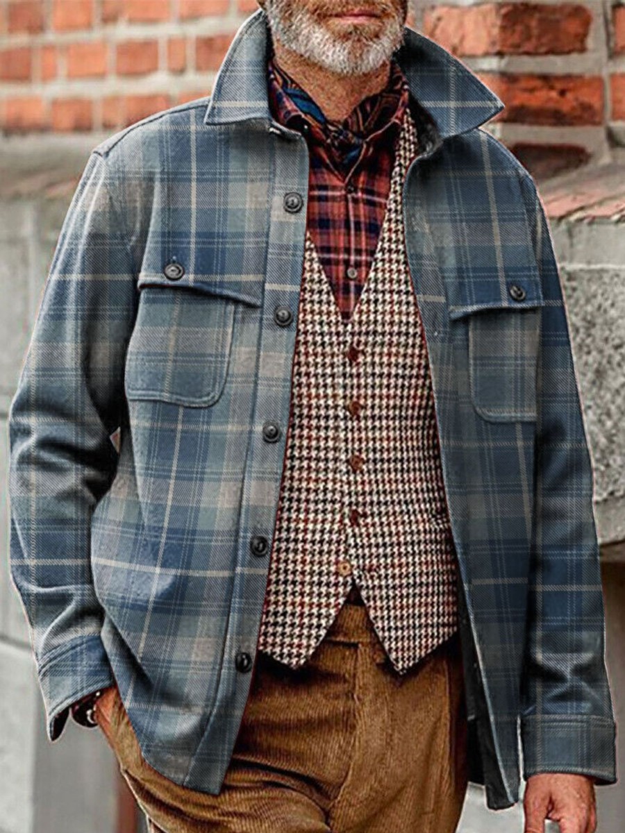 Men BXL Print Jacket | Men'S Casual Vintage Plaid Print Pocket Corduroy Jacket 37029072Xl Blue