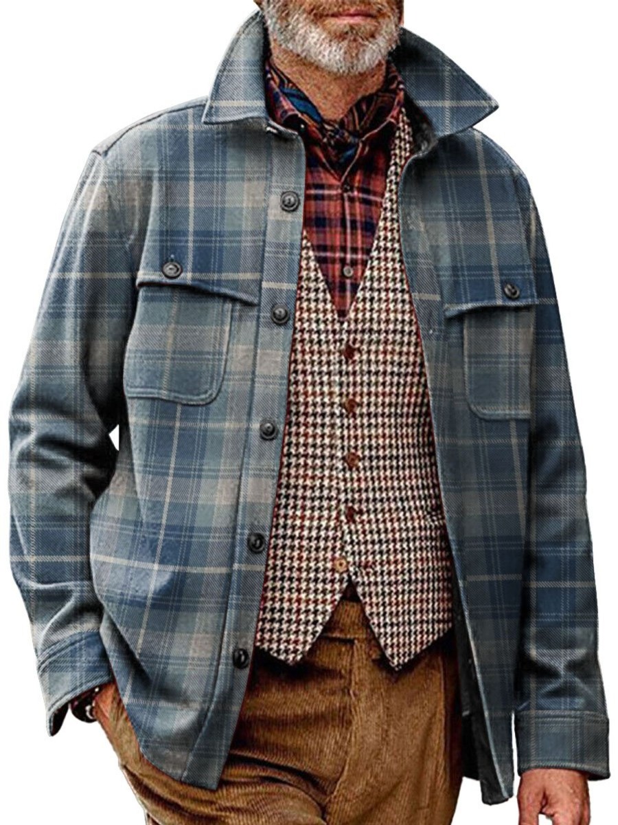 Men BXL Print Jacket | Men'S Casual Vintage Plaid Print Pocket Corduroy Jacket 37029072Xl Blue