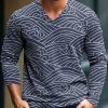 Men BXL Print Sweater | Men'S Casual Loose Wave Print Pullover Knitted V-Neck Sweater Blue