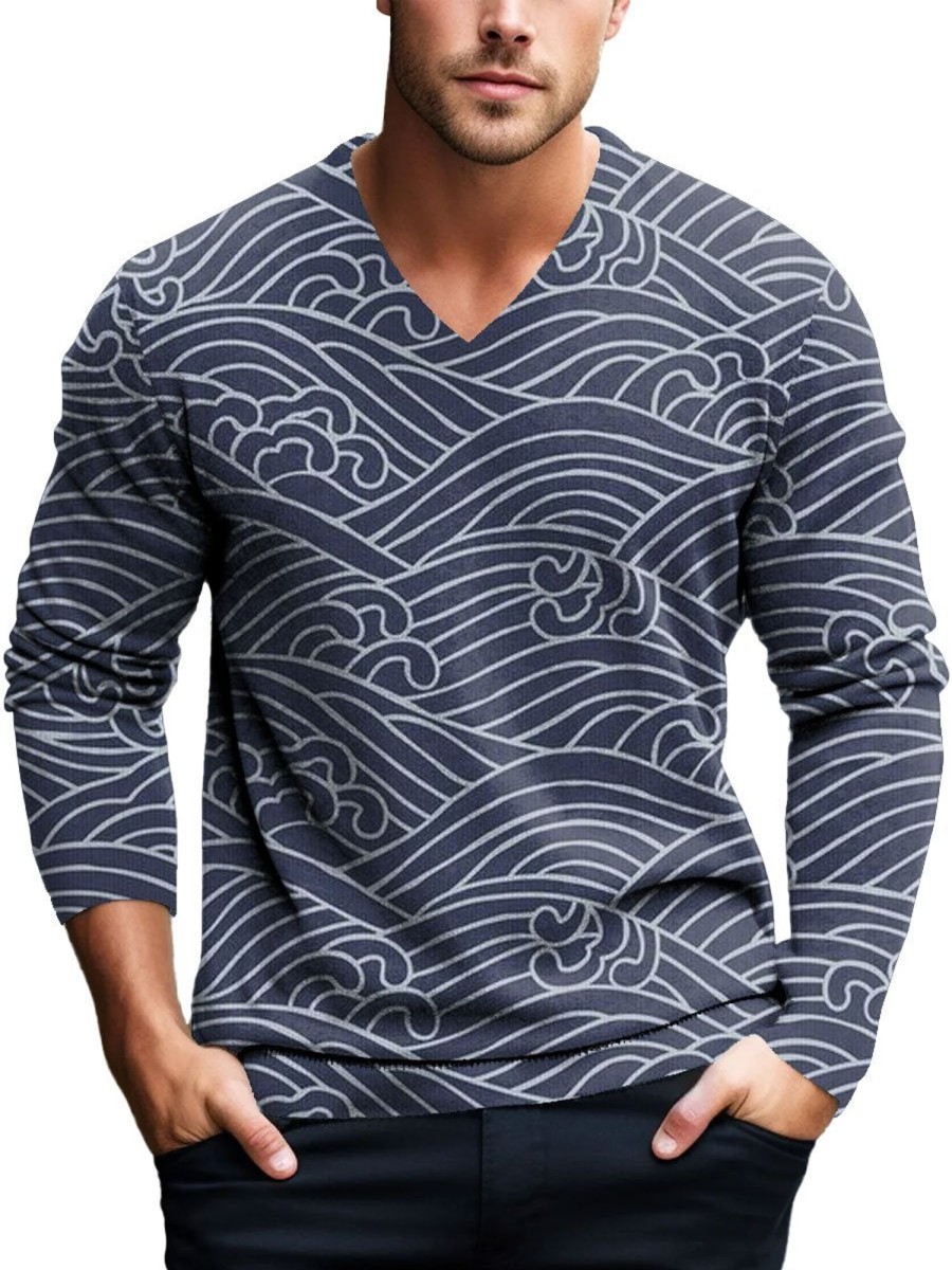 Men BXL Print Sweater | Men'S Casual Loose Wave Print Pullover Knitted V-Neck Sweater Blue