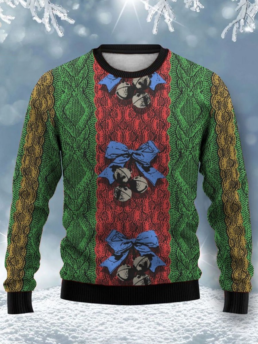 Men DJ Ugly Sweater | Vintage Christmas Print Casual Crew Neck Sweatshirt Photo Color