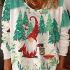 Women DJ | Christmas Gnome Forest Print Casual Long Sleeve T-Shirt Green