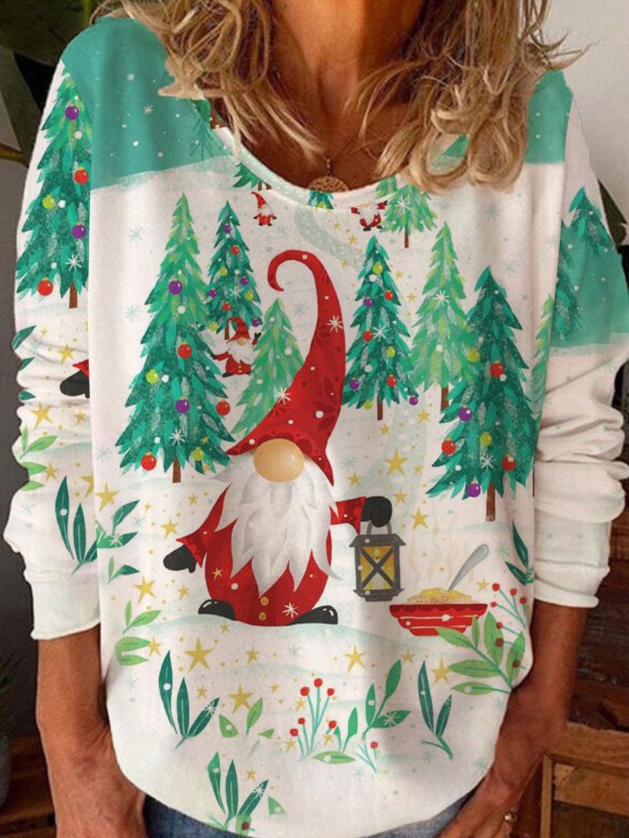 Women DJ | Christmas Gnome Forest Print Casual Long Sleeve T-Shirt Green