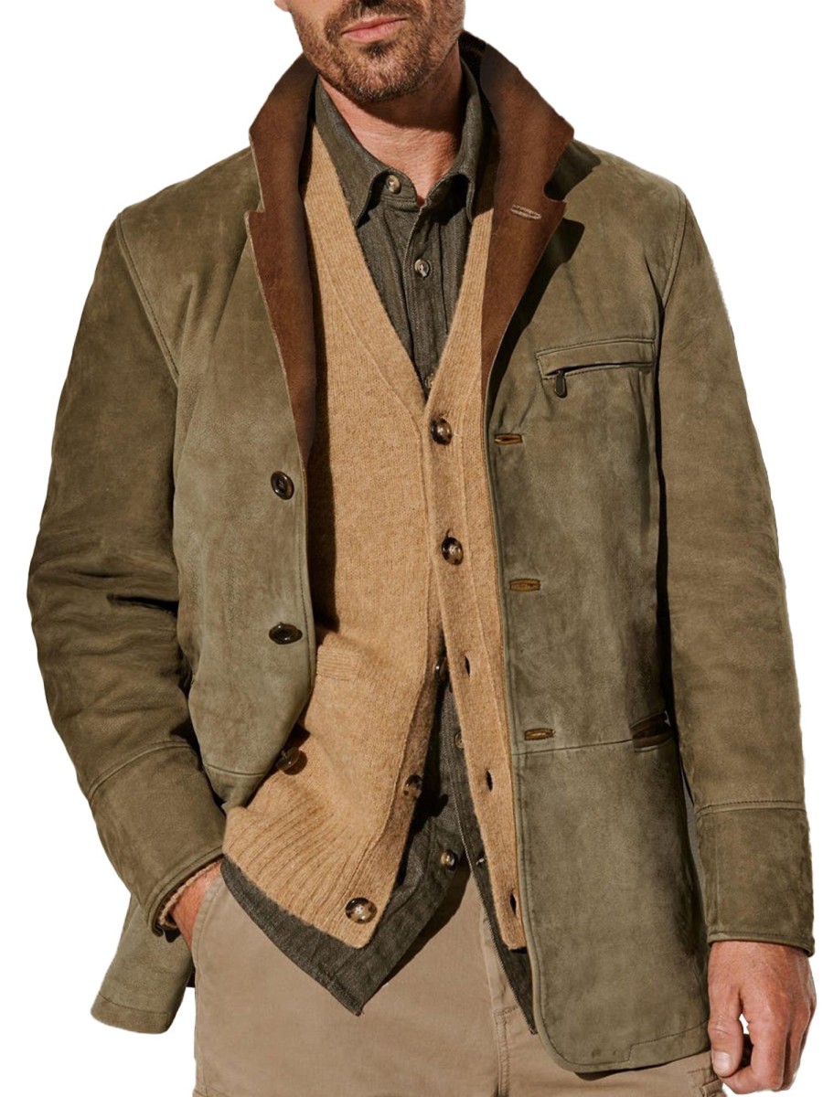 Men QMY Jacket | Men'S Vintage Multi-Pocket Suede Lapel Jacket Olive Color