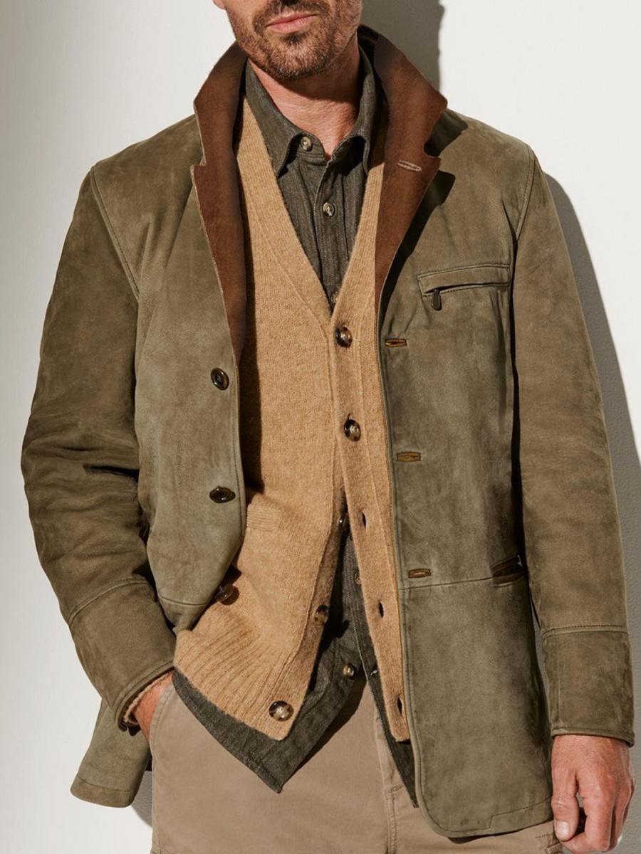 Men QMY Jacket | Men'S Vintage Multi-Pocket Suede Lapel Jacket Olive Color