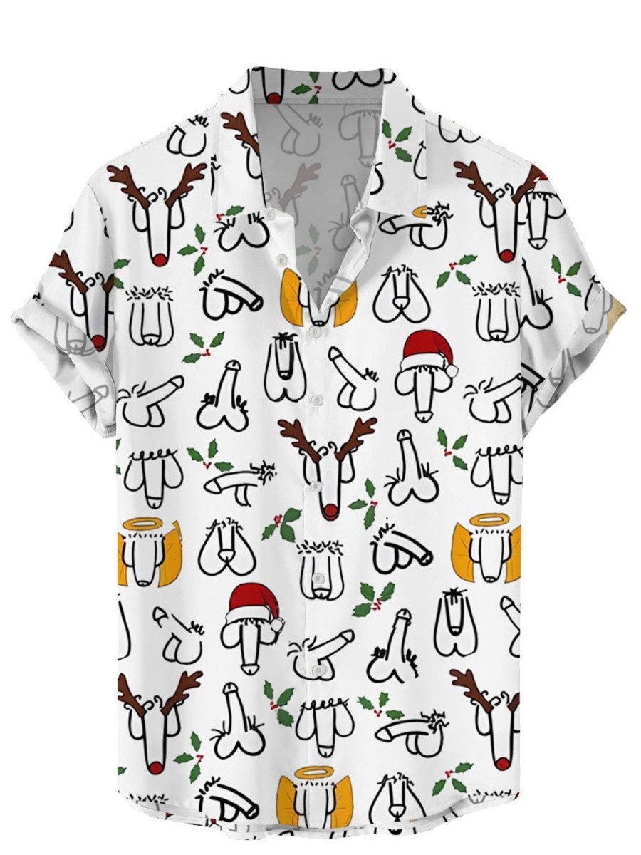 Men DJ Shirts | Cartoon Christmas Cocks Toy Print Casual Short Sleeve Shirt White